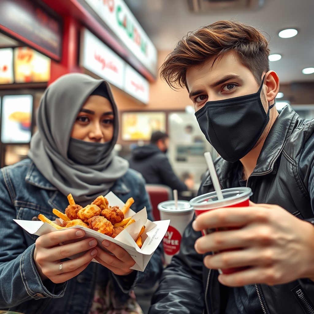 Jamie Dornan's head and body shot, handsome young man, black face mask, blue jeans jacket, jeans, dating a Muslim girl in a grey hijab, beautiful eyes, black face mask, black leather jacket, biggest floral skirt, at a fast food restaurant, with a plate of Korean fried chicken and fries, soft drink, photorealistic, hyper-realistic, street photography, selfie.