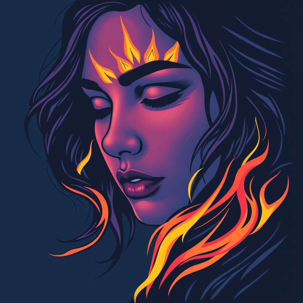 A tee shirt design featuring a close-up of a woman's face, inspired by the sun, capturing a passionate feel with whipping flames as accents, yet using a cool, almost melancholic color palette. Think deep blue with hints of purple, creating an overall soulful appearance. It should represent a deep, passionate, soulful embodiment of the sun. - Image