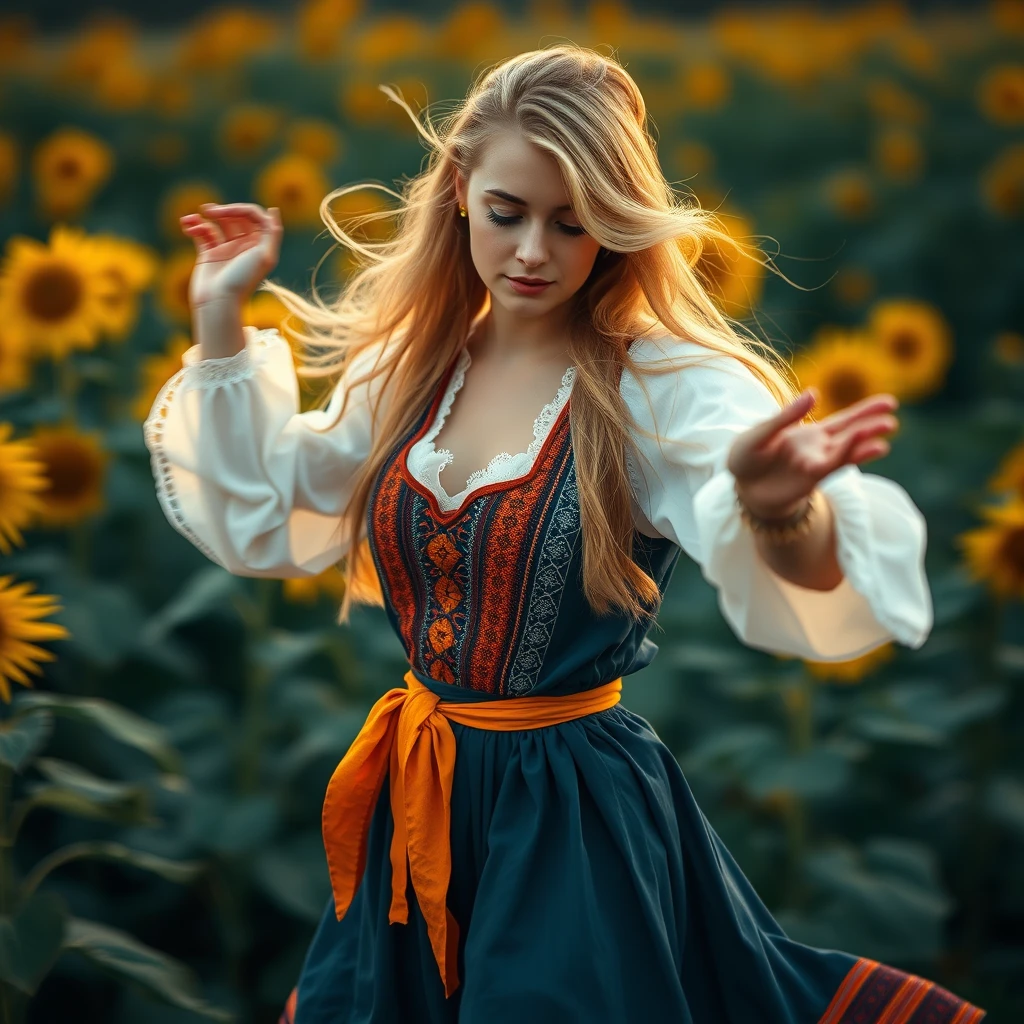 A Ukrainian woman dancing in a sunflower field, 20 years old, blonde, with light in her eyes, (Ukrainian traditional costume: 1.4), Style by Rick Remender, Motion blur, Movement, Full body, Award-winning work. - Image