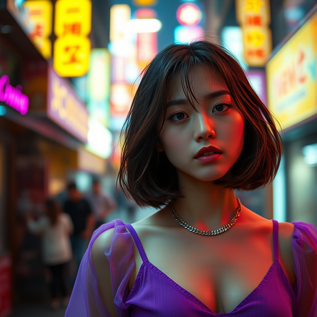 A girl in a purple top in a neon city, in the style of chinapunk, iconic album covers, soft-focus portraits, Luke Fildes, light amber and silver, exotic, captivating lighting --ar 1:2 --stylize 750 --v 6 - Image