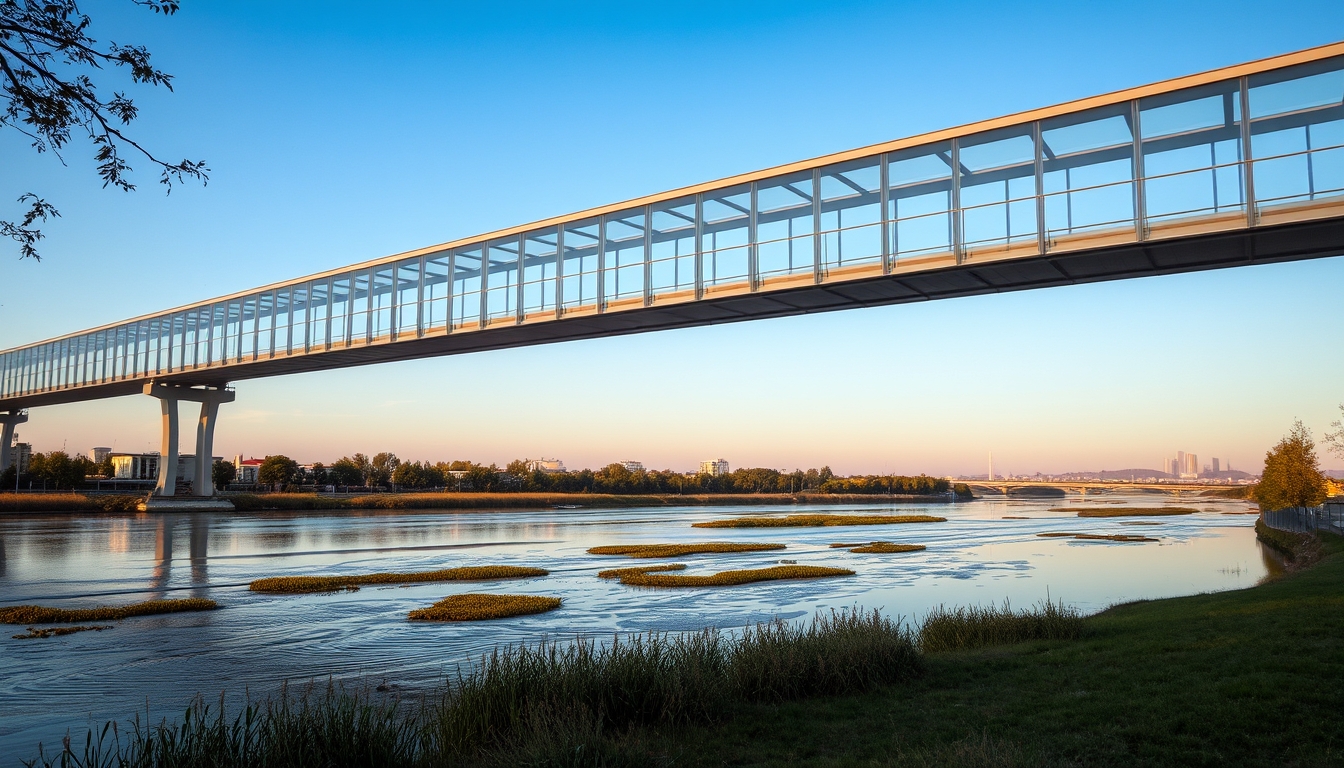 A serene river scene with a glass-bottomed bridge crossing over it.