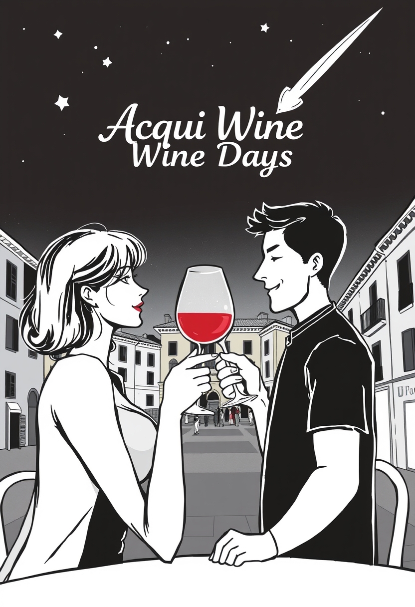 Image in manga style, in black and white, with very thin lines. A couple toasting with a glass of wine in a stemmed glass. It is night, and there are stars, including a comet. The wine is colored red. In the background, there is an Italian square, shown in perspective. At the top, in the center of the image, there is the writing in an art nouveau font: Acqui Wine Days.