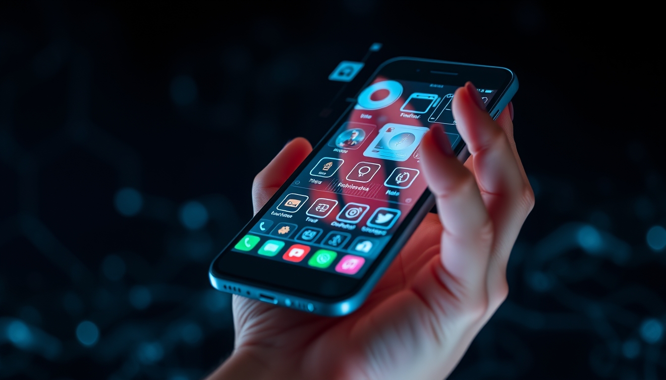 A close-up of a hand holding a futuristic smartphone, with holographic interfaces and glowing icons, set against a dark, tech-inspired background.