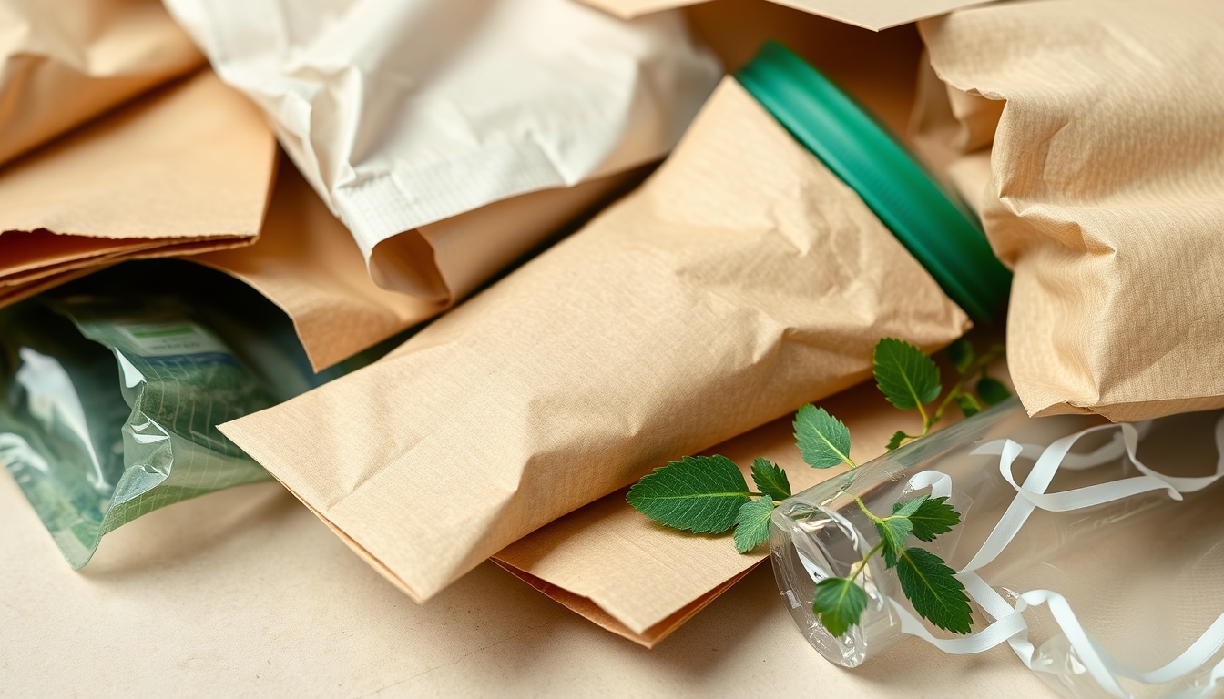 A detailed close-up of sustainable packaging materials, including cardboard, paper, and biodegradable plastics, arranged aesthetically on a neutral background.