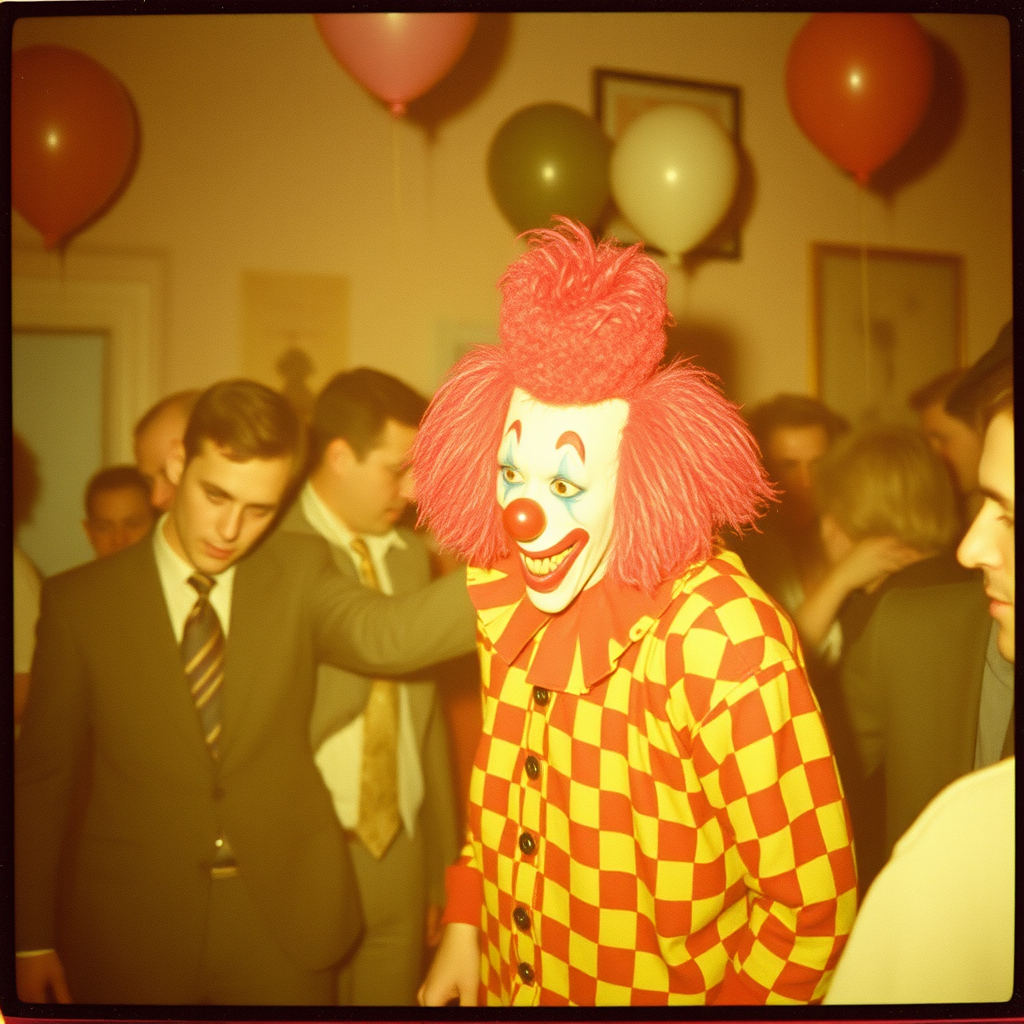 an image of a faded 1960s film photograph of a house party in England with a weird clown looking on, vintage film