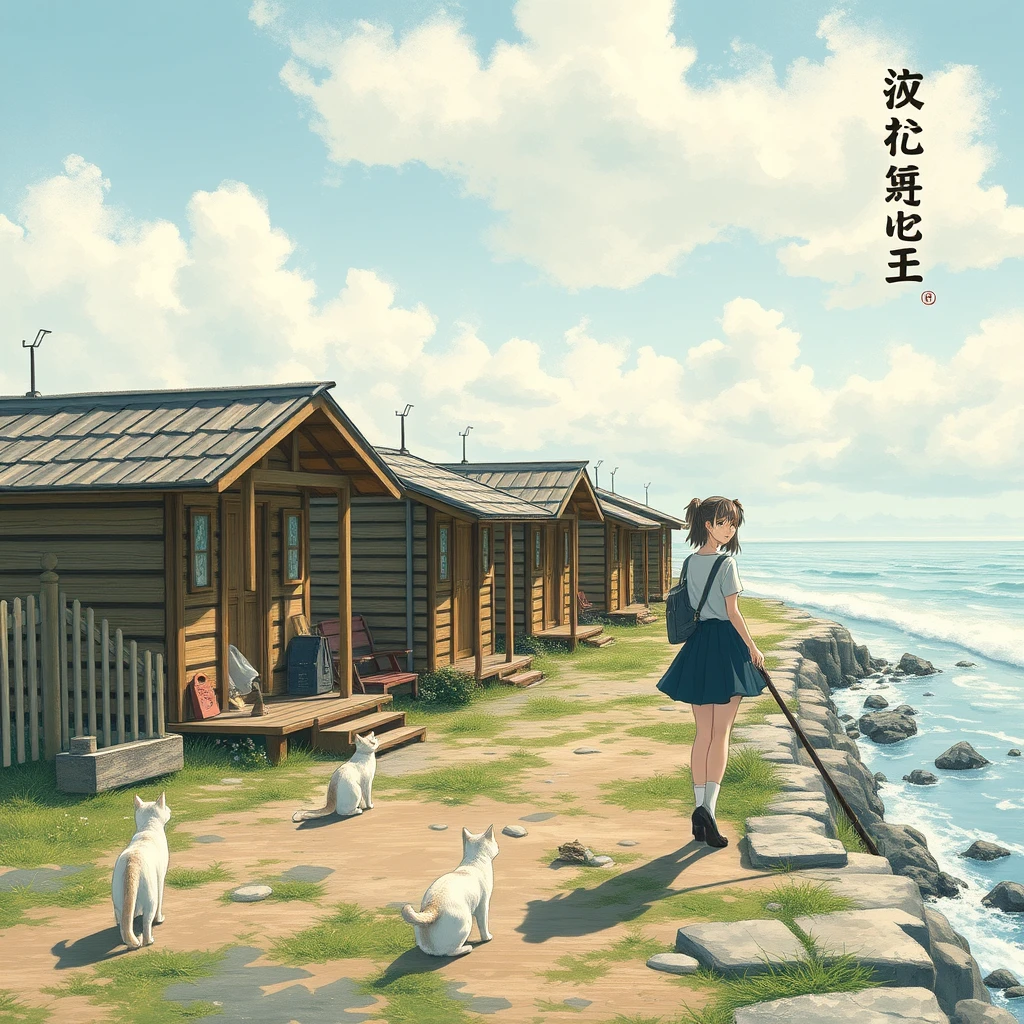 "By the seaside, there are wooden cabins, female students in skirts, cats, and Chinese characters or Japanese."