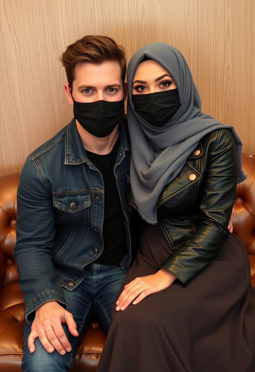 Jamie Dornan's head and body shot, handsome, black face mask, denim jacket, jeans, dating, couple, with the biggest grey hijab Muslim girl, beautiful eyes, black face mask, black leather jacket, biggest skirt, hyper-realistic, studio photography, sitting on a classic leather sofa, wooden wall, selfie. - Image