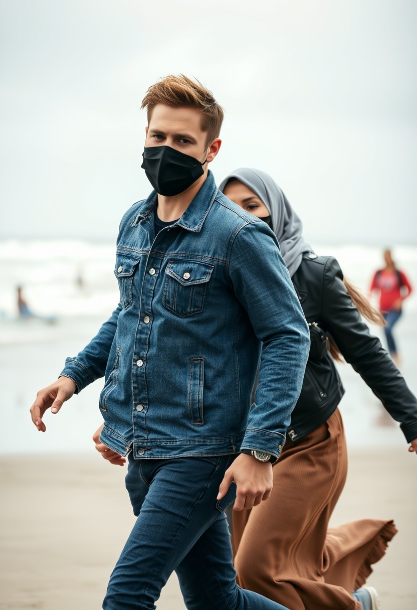 Jamie Dornan's head and body shot, handsome, black face mask, denim jacket, jeans, dating, love couple, with the biggest grey hijab Muslim girl, black face mask, beautiful eyes, black leather jacket, biggest skirt, running happily together at the beach, hyper-realistic, street photography. - Image