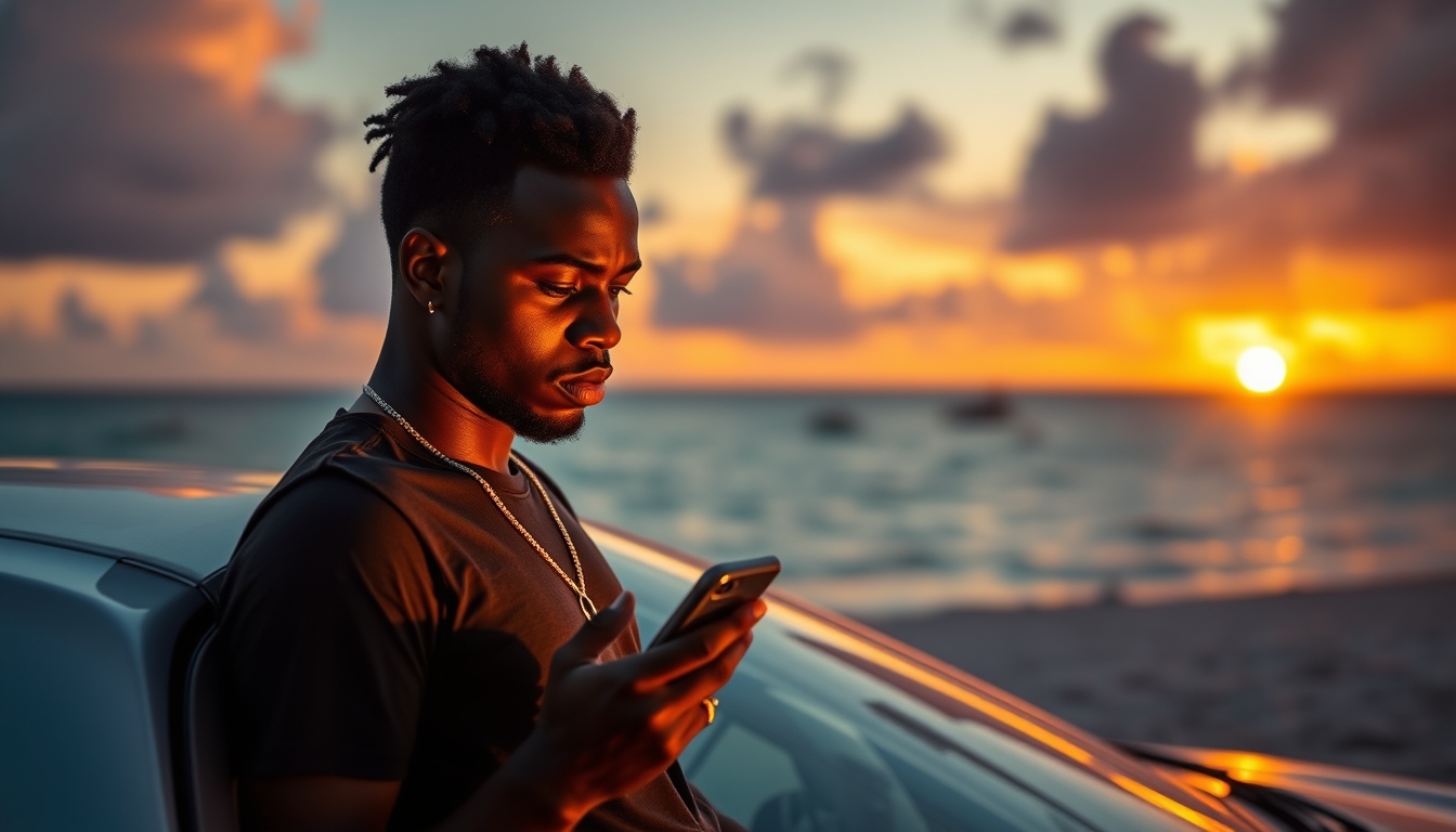 A young black man leaning against his car at sunset in the Bahamas listening to a podcast on his phone. He intensely looks at the phone screen. Dramatic lighting. wide angle view. - Image