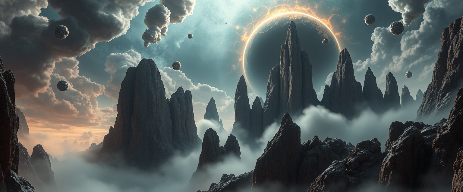 A mysterious planet filled with thick gas fog, in the sky there is a supermassive black hole, rocks floating without gravity, a stunning and spectacular view, with towering rock formations carved by the wind and erosion illuminated by the light, the sky filled with mysterious nebula clouds. Masterpiece, extremely detailed. - Image