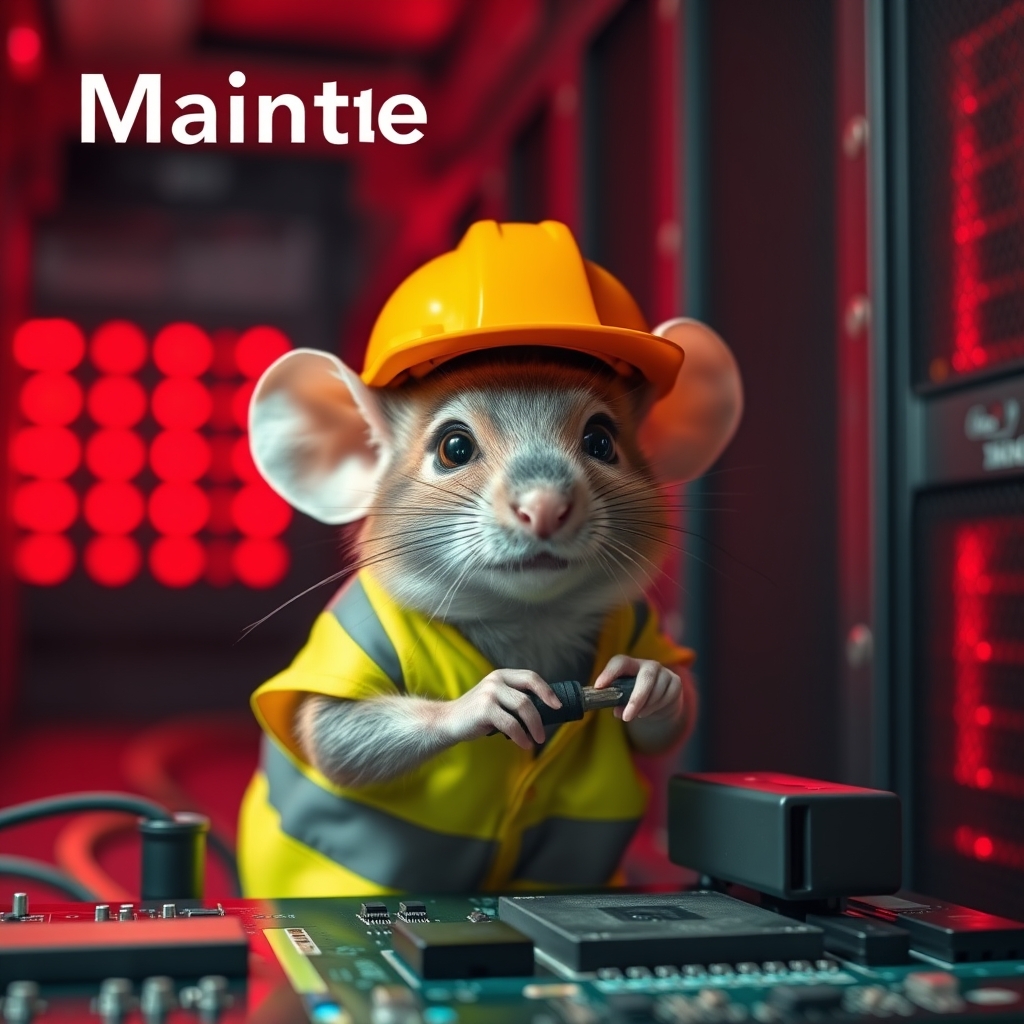 A small mouse with a hard hat and high visibility vest is repairing a circuit board. The mouse has a serious look in his eyes. The background shows a server room with only red emergency lighting, creating a red ambient glow. (Text at the top of the image says "Maintenance").