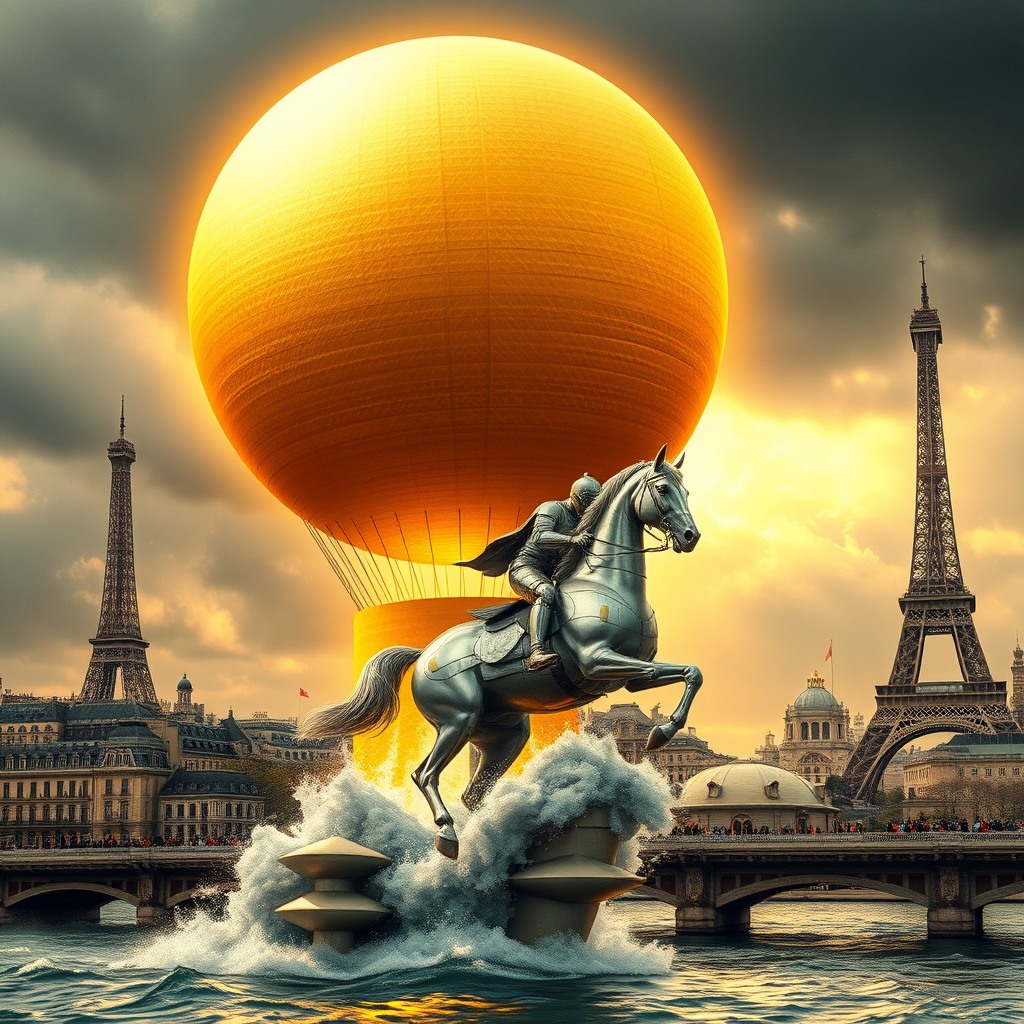 Giant perfect gold sphere with fiber texture flies above in the sky with a giant flame underneath to elevate the sphere like a hot air balloon, floating over vintage Paris in the style of the Universal Exhibition 1900, retro-futuristic aesthetic of the Eiffel Tower, giant waves flood the city as a knight of the apocalypse rides a silver mechanical horse with silver armor emerging proudly from the Seine, galloping and slicing through the water, under a stormy sky, doomsday, apocalypse, steampunk, backlight, mist and fire embers, perspective pop rock fluorescent collage, sci-fi steampunk machinery, extra dust particle cloud, octane render, and paper art ink art in the style of Méliès, Jules Verne. - Image