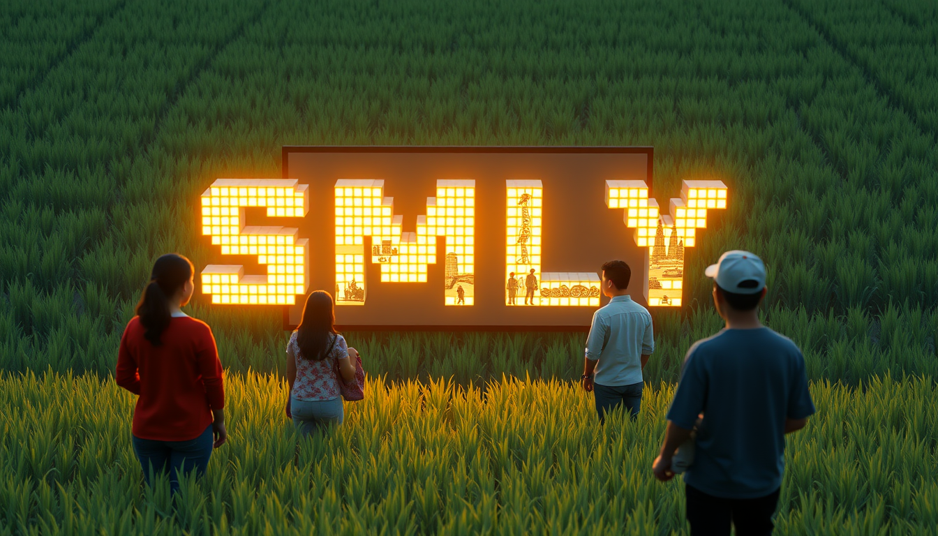 Pixel art style: People of different ages stand in a rice paddy facing a floating screen. The rice plants glow, creating a pixelated "SMLYT" when viewed from above. The 3D letters are constructed from oversized, glowing voxels (3D pixels). Each voxel seems to contain a miniature scene from Vietnamese life, visible upon close inspection. The voxels constantly rearrange themselves, causing the letters to shift and transform.