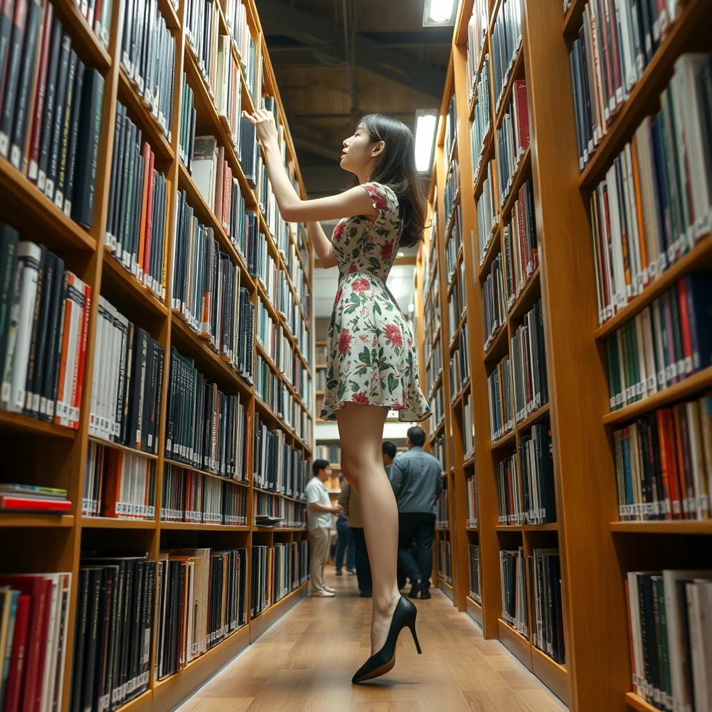 A young Japanese woman wearing a floral dress and black high heels, with white skin, is looking for books in the library. She is climbing up high to reach the books. There are many people in the library. - Image