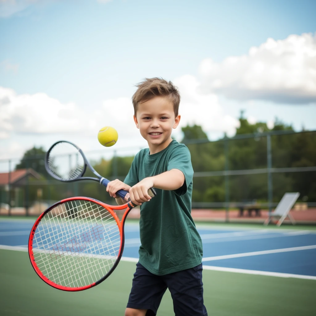 a 10-year-old boy playing tennis - Image