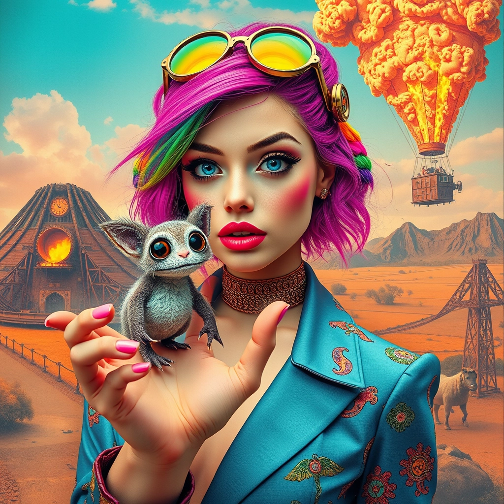 Fashion model beauty, a rainbow girl with nice curves, the cutest creature with big eyes, ultra small in her hand perspective. Pop rock fluo collage, sci-fi steampunk machinery, extra dust particle cloud, octane render and paper art, ink art by Méliès, Jules Verne, big-eyed creature from hell, burning mountain, air balloon that looks like a train.