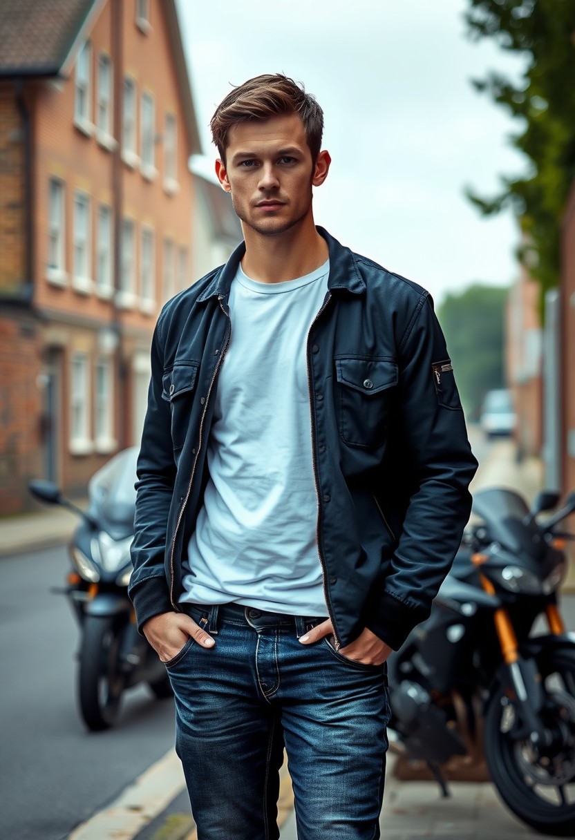 Jamie Dornan head and body shot, handsome, young, serious face, dark brown hair, white T-shirt, collage jacket, skinny jeans, sneakers, standing hot style, near town road, on superbike, hyper-realistic, street photography, brick wall, full body photo.