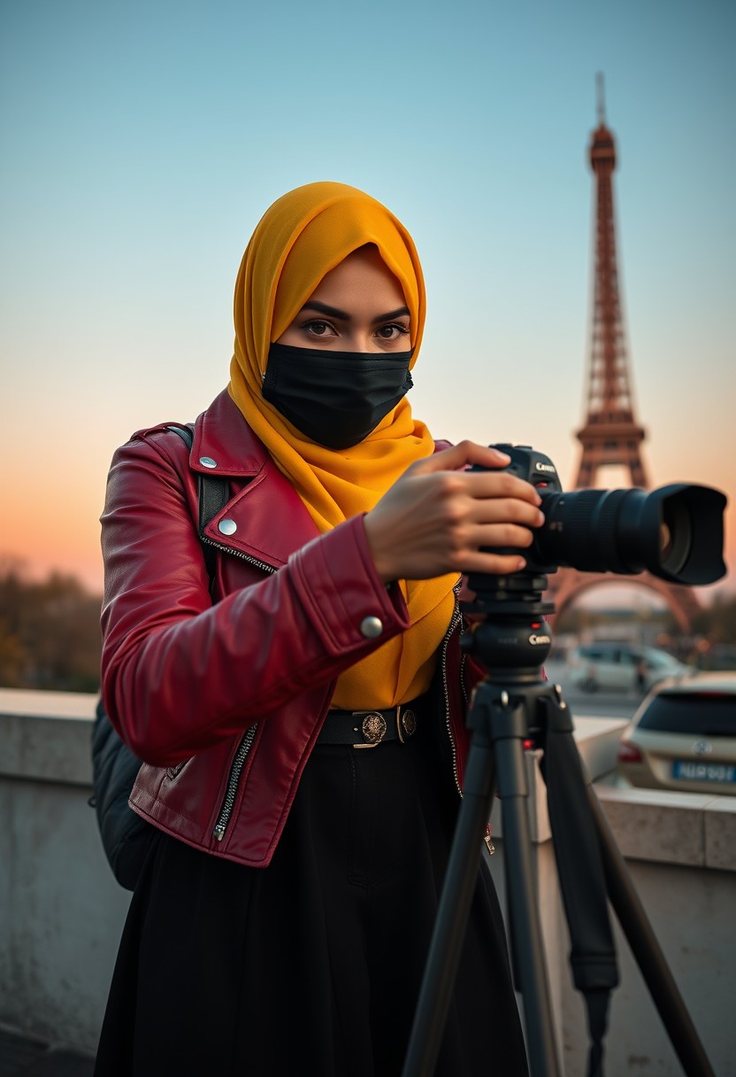 Biggest hijab yellow Muslim girl, beautiful eyes, face mask black, red leather jacket, black biggest skirt, camera DSLR CANON, tripod, taking photo Eiffel Tower, sunrise, morning scenery, Eiffel Tower, hyper realistic, street photography.