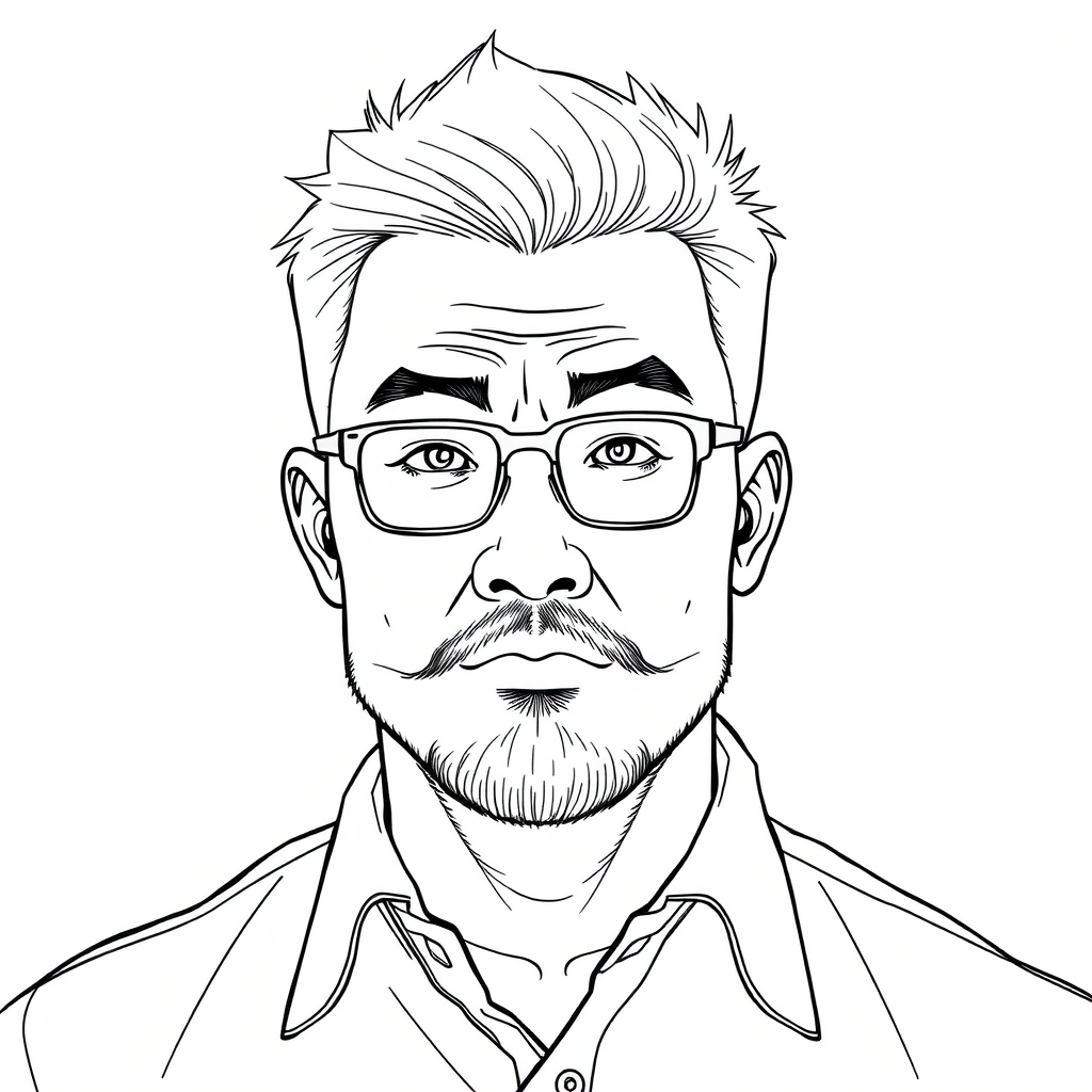 A line-drawing of a man around 35 years old, with short and neat hair that doesn't require styling, robust physique, Chinese, wearing framed glasses for nearsightedness, with a slightly short beard on his chin, dressed in a shirt, possessing a somewhat rogue demeanor, with a face that has defined lines and fullness.