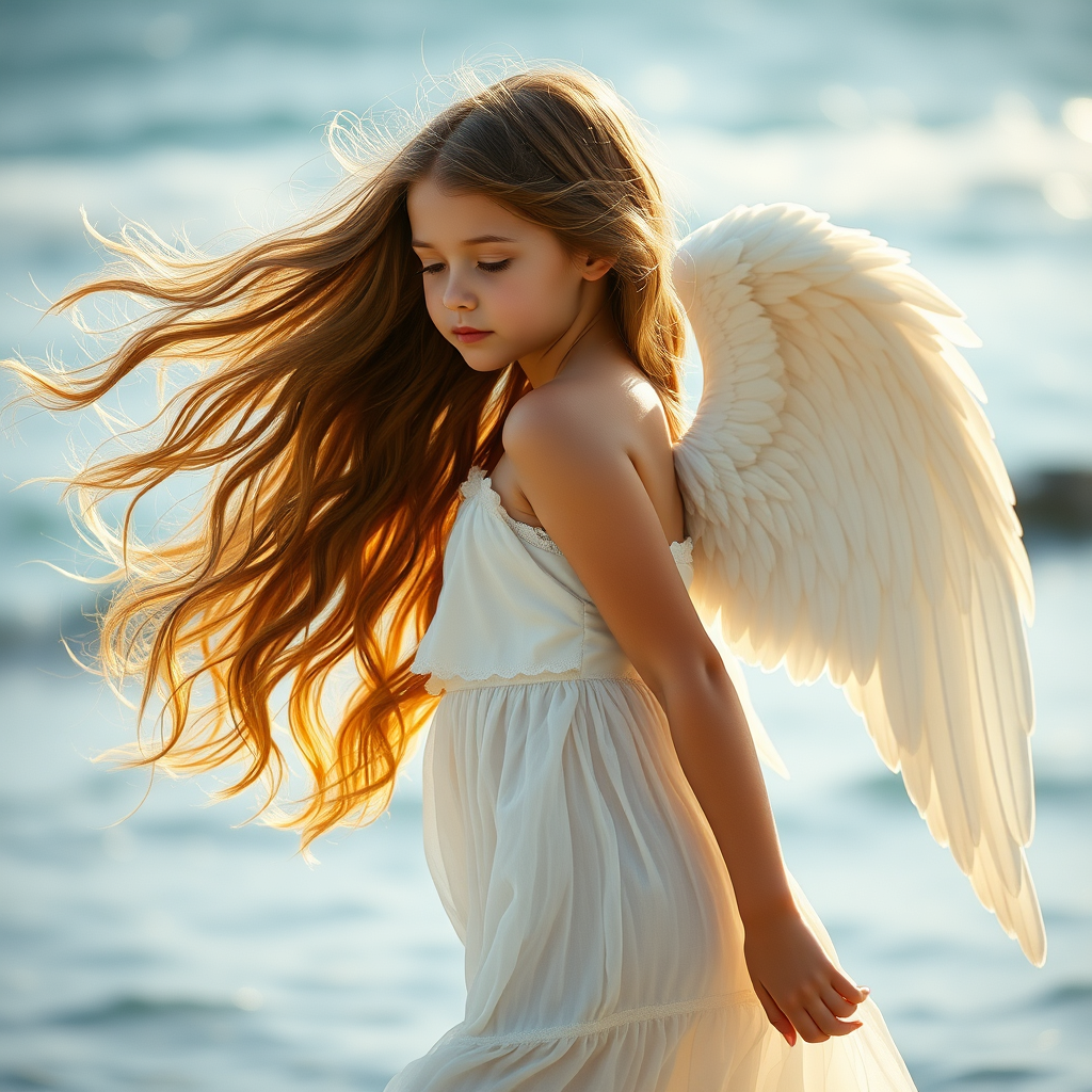 girl angel, wind wave long hair, spread big wings on the back, full body, side view, side lighting, background bokeh, Super realistic, film look, Emerald Beach - Image