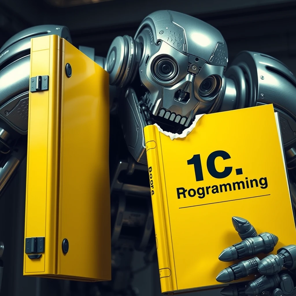 Futuristic scene: a giant robot bites the corner of a large yellow book. The robot is massive, with a metal body, gleaming lens-eyes and mechanical jaws. Its size is several times the size of the book. The book is bright yellow in color, thick, and looks like a textbook. The cover of the book reads "1C Programming" in large black letters. You can see that the robot has bitten off the upper right corner of the book, leaving a jagged bite mark. The background is neutral, perhaps a darkened laboratory or futuristic interior. The lighting is dramatic, emphasizing the contrast between the shiny metal of the robot and the matte surface of the book. Image style: photorealistic with science fiction elements. Detailed texture of the robot's metal and the book's paper. Clear lines and shapes. Saturated colors with emphasis on the yellow of the book and the silver-steel of the robot.