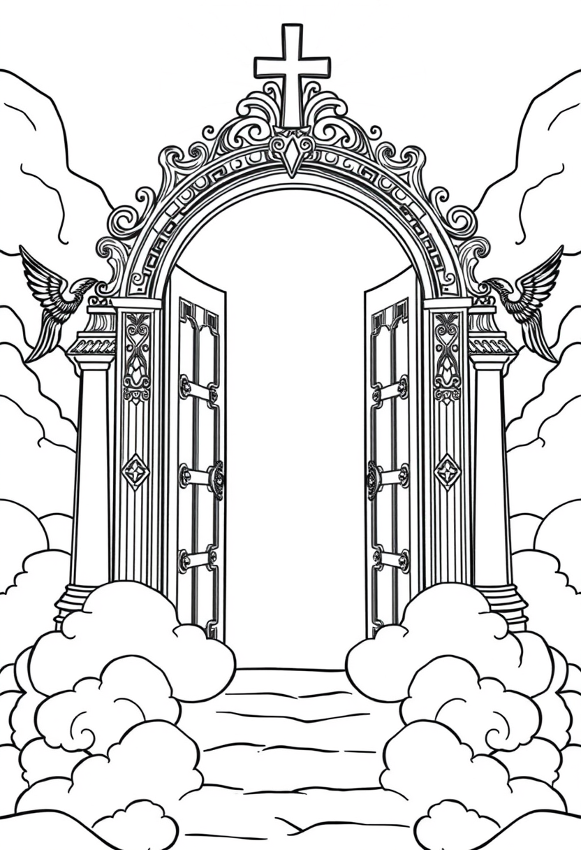 Outline of Heaven's gate for a coloring book: Ornate gates with cloud-like shapes at the base. The gates should be open, revealing a bright space beyond. Add simple figures of angels on either side of the gate.