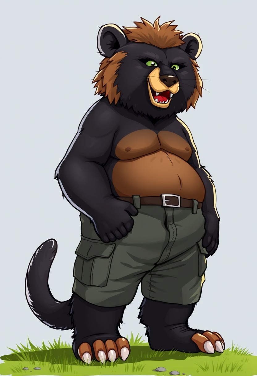 Anthropomorphic black bear, cougar, kangaroo, wolf, lion hybrid wearing cargo pants in the summer. Extremely overweight, semi-cartoon. - Image