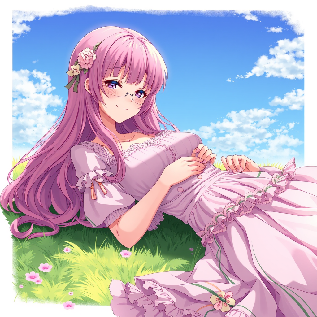 Anime art of a motherly woman, pink hair, frilly dress, detailed scene, stunning details, trending on ArtStation, laying on the grass, anime artwork.