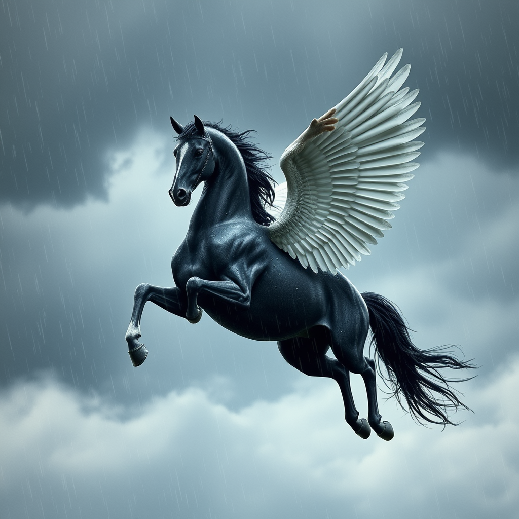 A black Pegasus flying through dark clouds in the rain. Raindrops are flowing down the Pegasus's face and body. White bones are exposed on its chest, legs, wings, neck, and face. Photography. Side view.