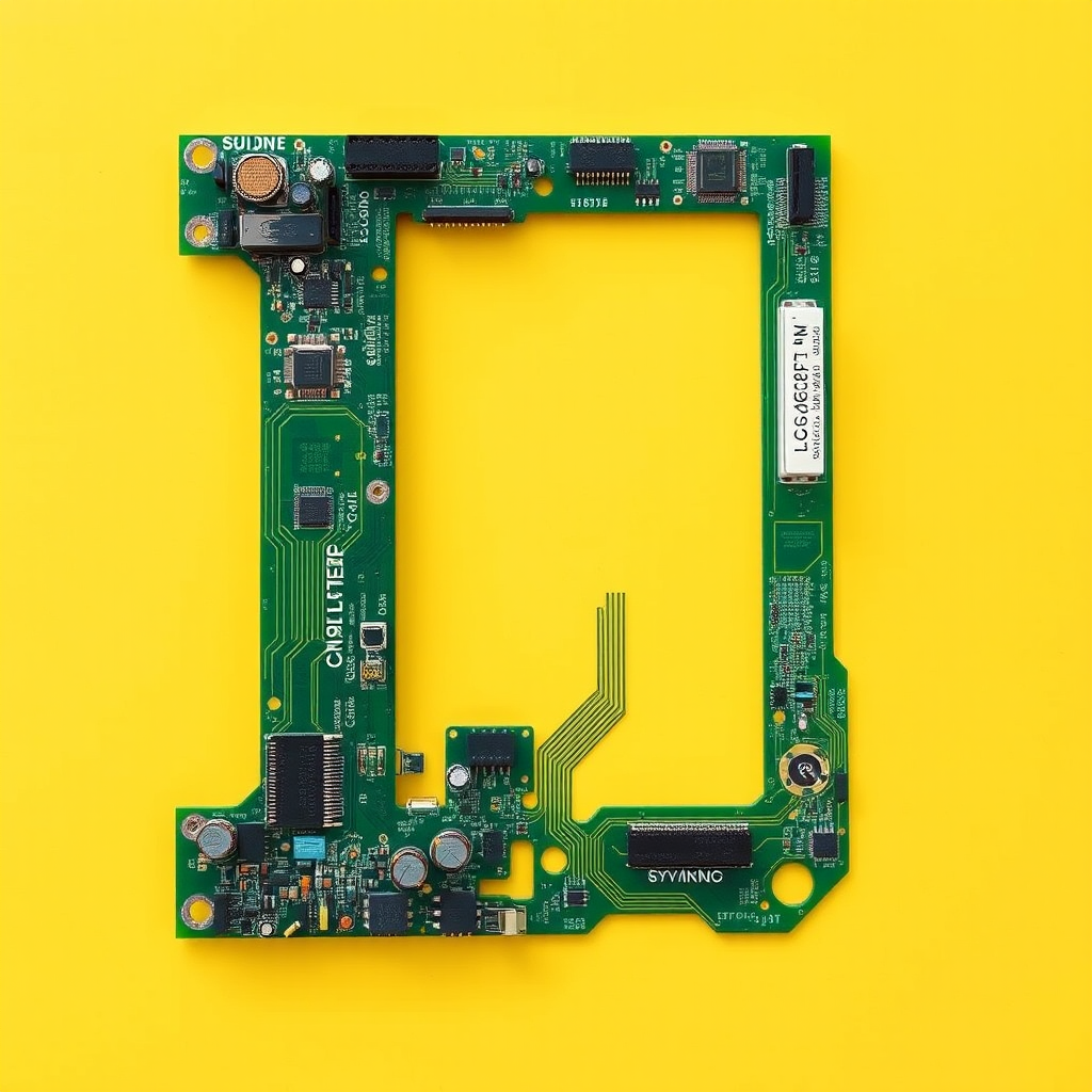 A letter "I" made of a computer motherboard, yellow background, realistic photograph. - Image