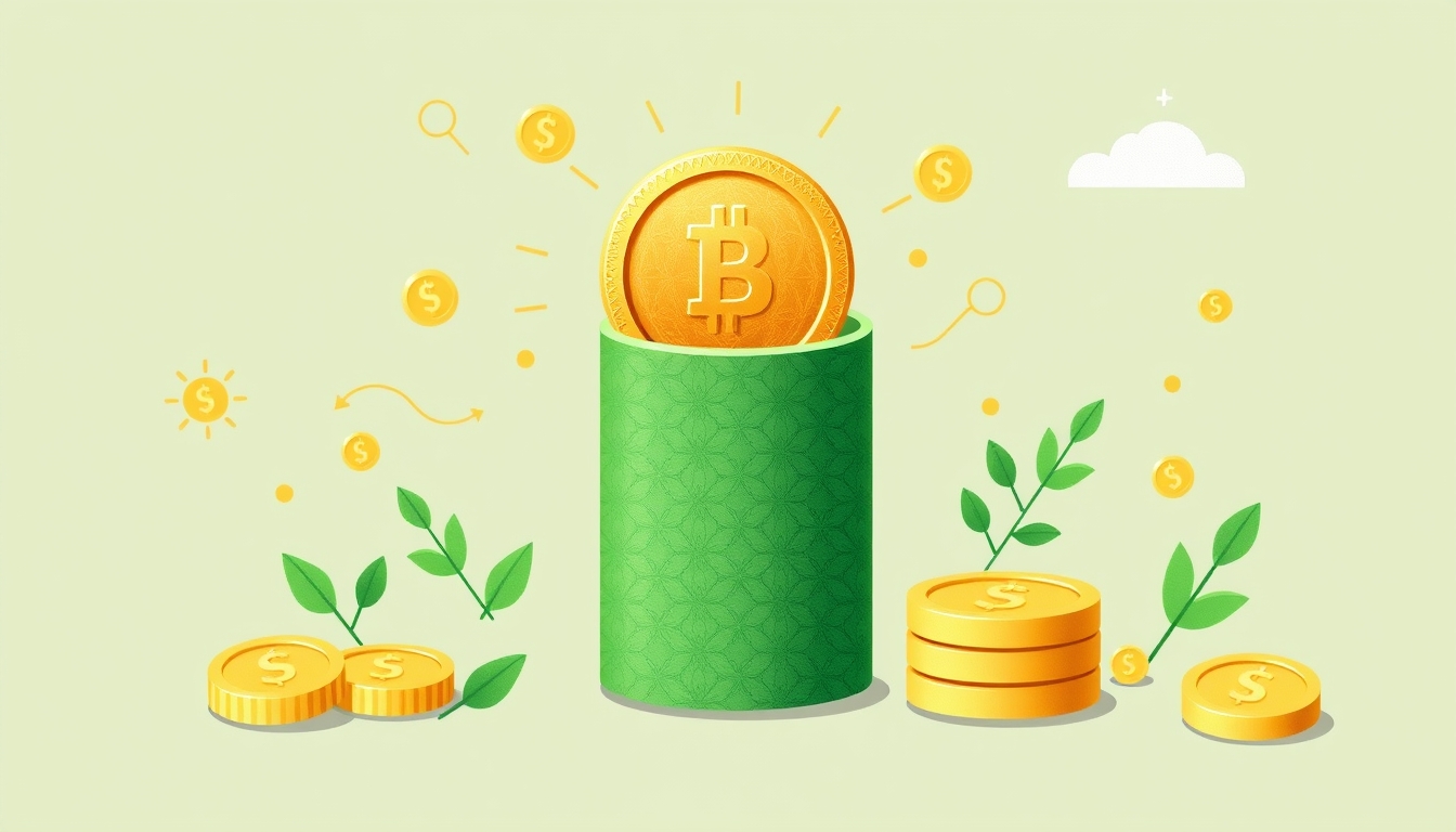 Startup funding illustration in green and gold with financial motifs. - Image