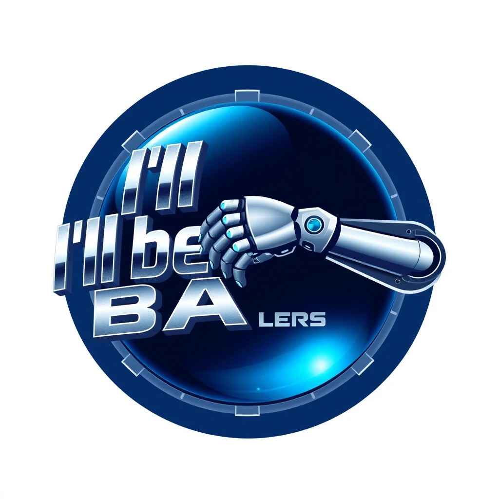 Circular logo design featuring the iconic phrase "I'll be back" in bold, futuristic typography. Metallic silver letters wrap around a deep blue orb, symbolizing time and persistence. Subtle gear-like elements evoke technological advancement. Robotic arm reaches across, embodying determination and inevitable return. - Image