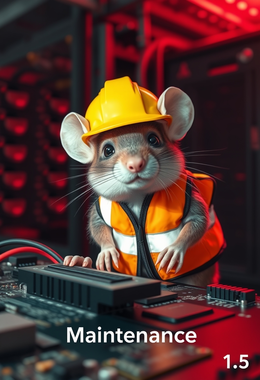 A small mouse with a hard hat and high visibility vest is repairing a circuit board. The mouse has a serious look in his eyes, and the background shows a server room with only red emergency lighting, creating a red ambient light. (Text of the image says "Maintenance":1.5)