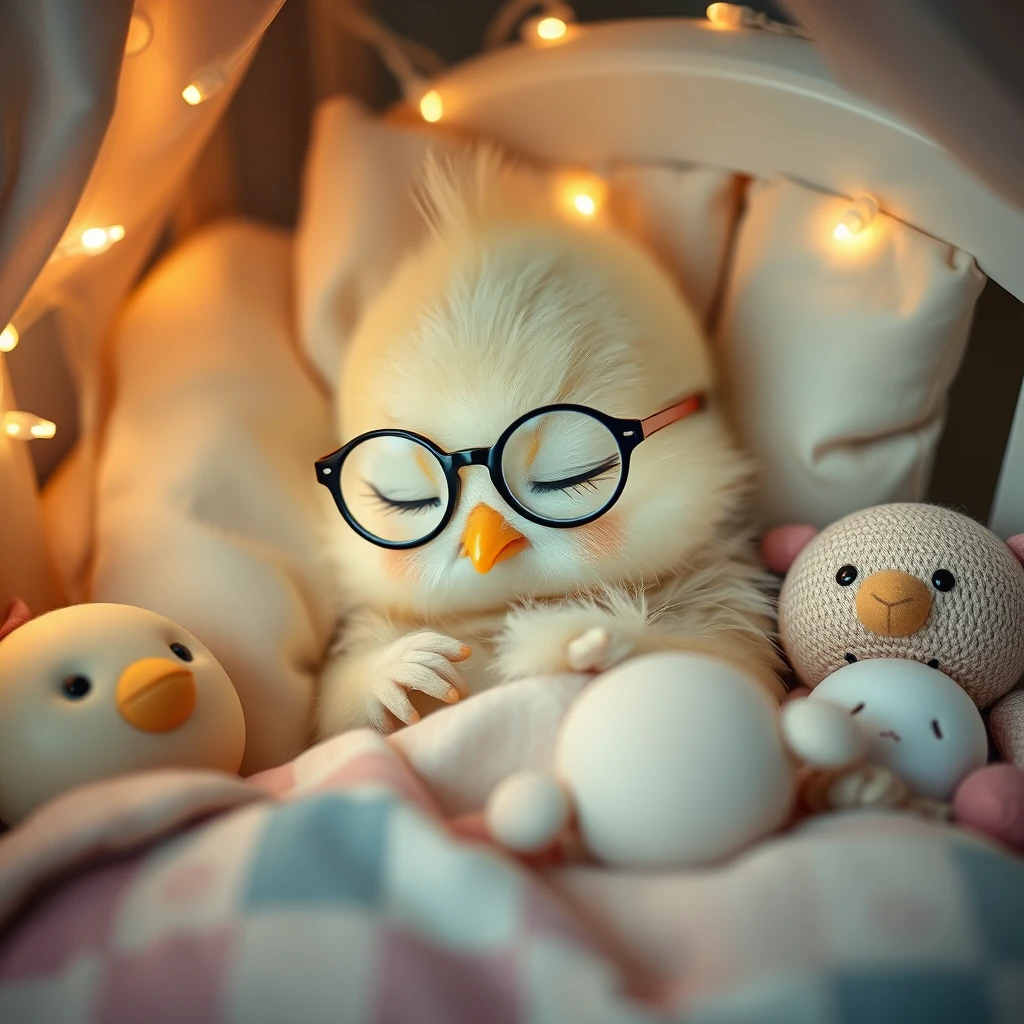 It's nighttime. A sweet delicate Kawaii newborn chick, wearing glasses, rests its head on the pillow, deeply asleep in its precious little bed with tiny jingle bells, fluttering, soft-colored lights, childhood details that have the name PICHONCITA written on them, surrounded by its cute plush toys with patchwork blankets. Photograph. - Image