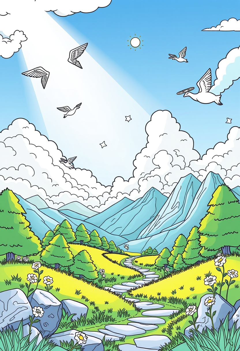 Illustrate a beautiful, serene landscape symbolizing the Kingdom of Heaven, with angels and light shining down. a coloring book page, cartoon style, thick lines, low details, no shading.