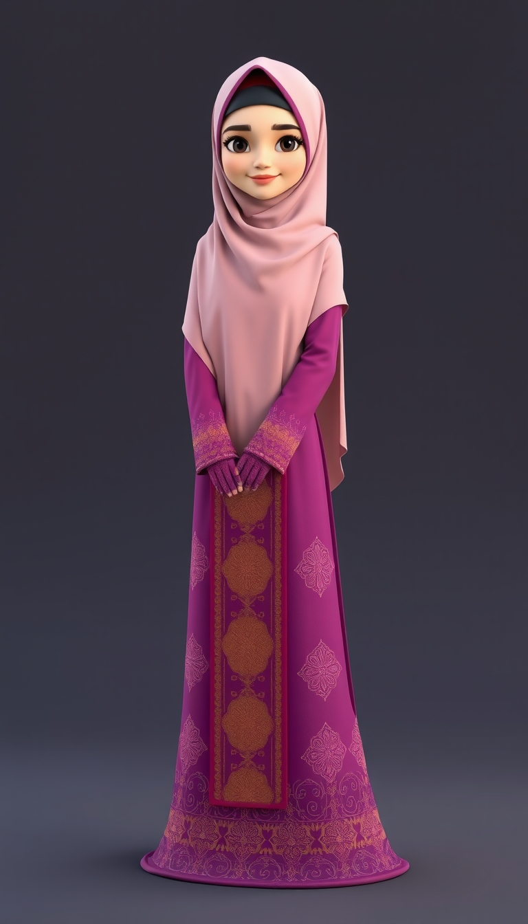 "Create a 3D, 8K animated cartoon of a Muslim woman from Palembang wearing a long traditional songket dress. She should have her hands covered with batik gloves. The image should capture the elegance and cultural richness of the attire." - Image