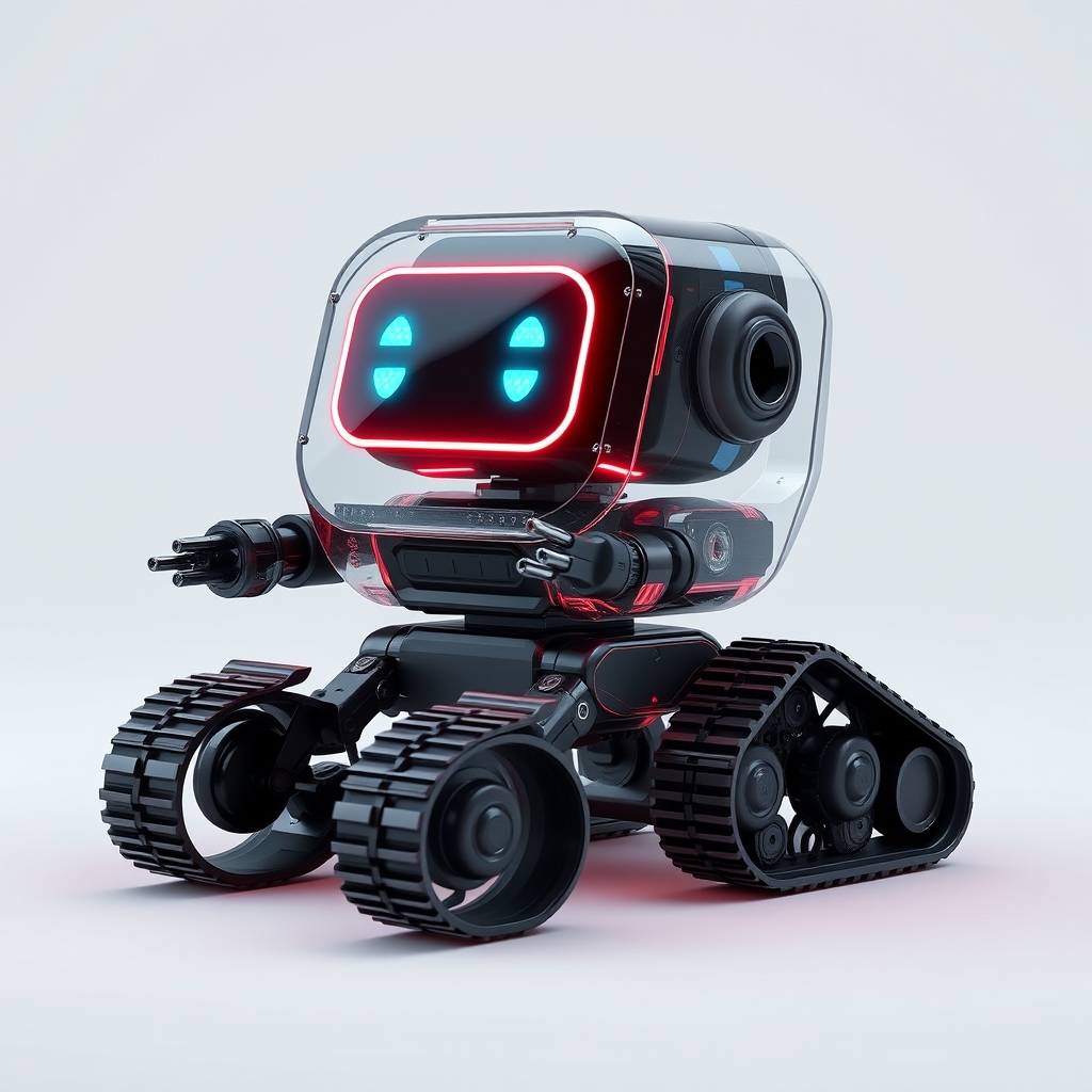 Cute aesthetic, a (small and cute semi transparent triangular tracked robot) with an LED screen face, emoticon, stunning unreal engine render, intricate details, Simple Background.