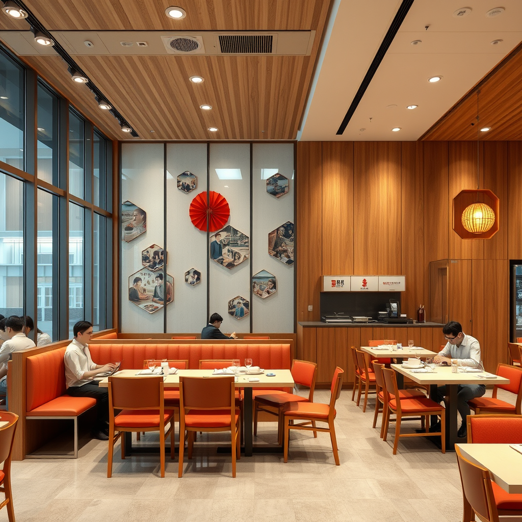 interior, company cafeteria, modern, wood panel, movie scene, colorful, china