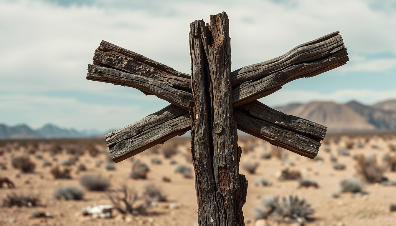 A wooden cross that is crumbling with visible signs of bad fungal degradation, wet rot, and dry rot. The cross is standing in a barren desert landscape. The overall feel is depressing and desolate.