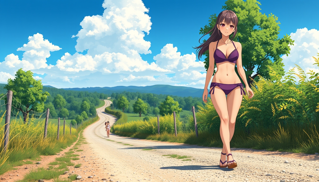 A beautiful adult bikini girl walking on a gravel country road, anime style.