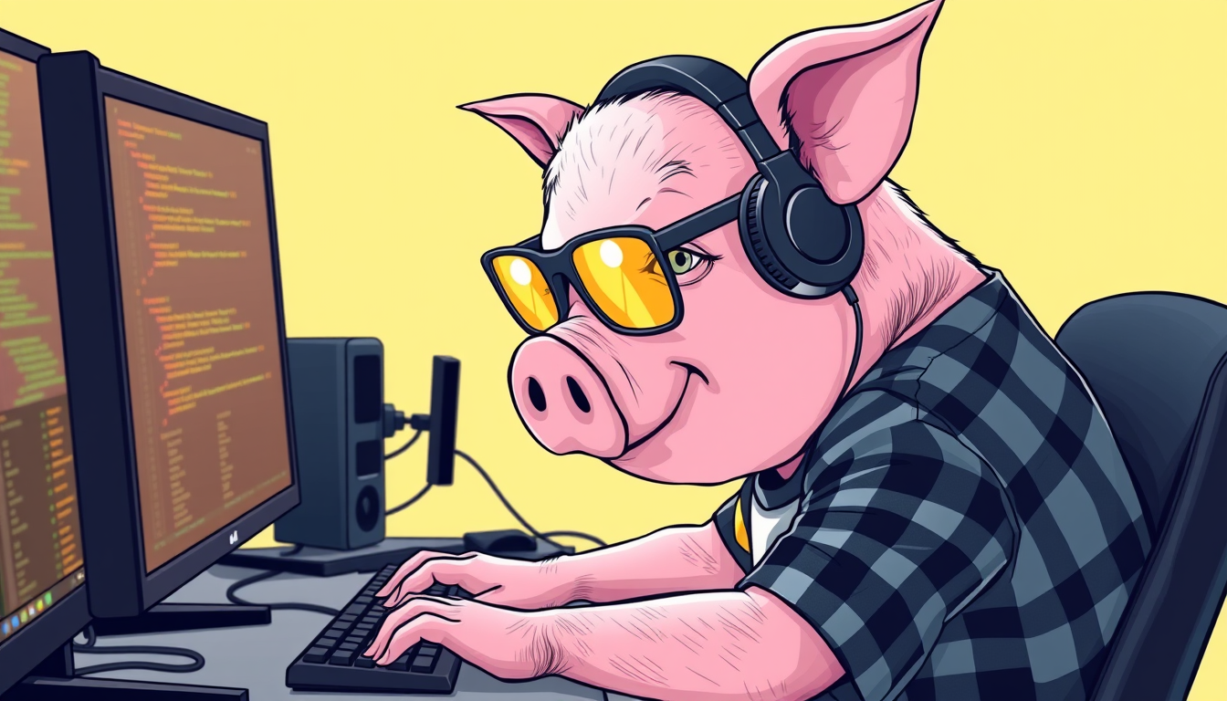 A tech-savvy pig coder, wearing yellow-tinted glasses and sleek noise-cancelling headphones, hunches over a cutting-edge multi-monitor setup. The anthropomorphic pig exudes focus, typing furiously and wearing a plaid t-shirt.