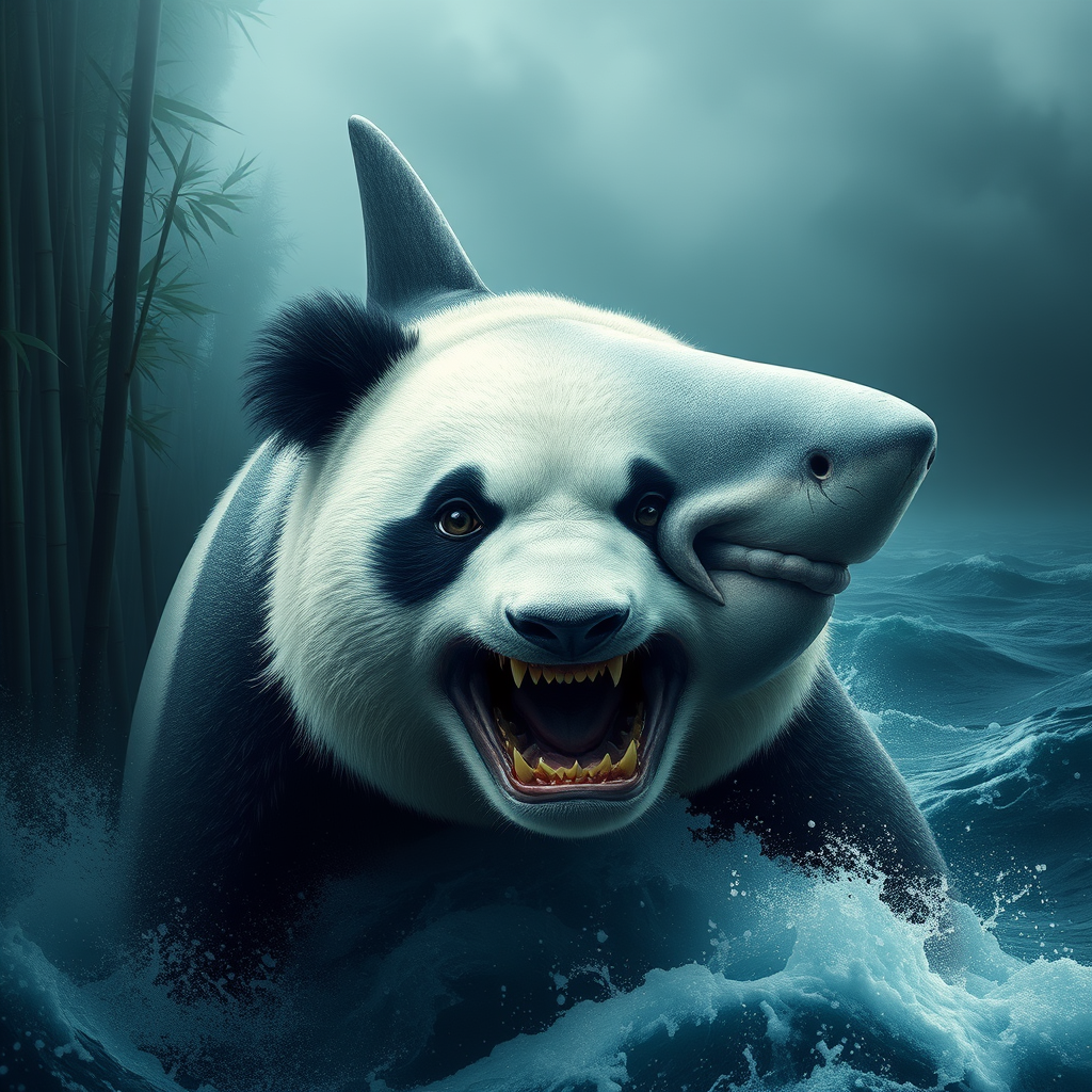 A mesmerizing hybrid creature, part great white shark, part giant panda, emerges from misty bamboo forests into turbulent ocean waters. Hyper-realistic details capture every scale and fur strand. Eyes blend primal hunger with gentle wisdom. Ancient Chinese mythology meets modern marine biology in this surreal, thought-provoking fusion. - Image