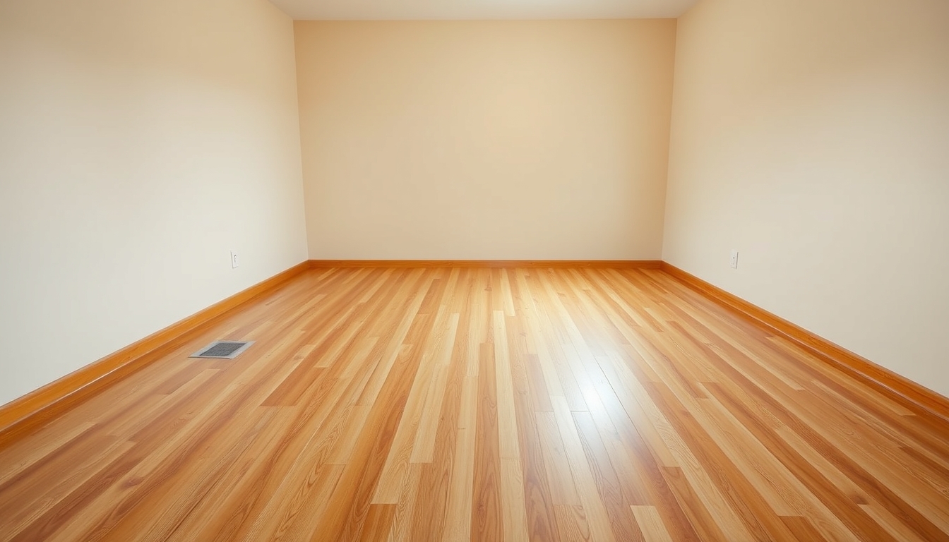 An unfurnished room featuring a hardwood floor with a wood stain finish and a plain beige wall, creating a serene horizon-like landscape.