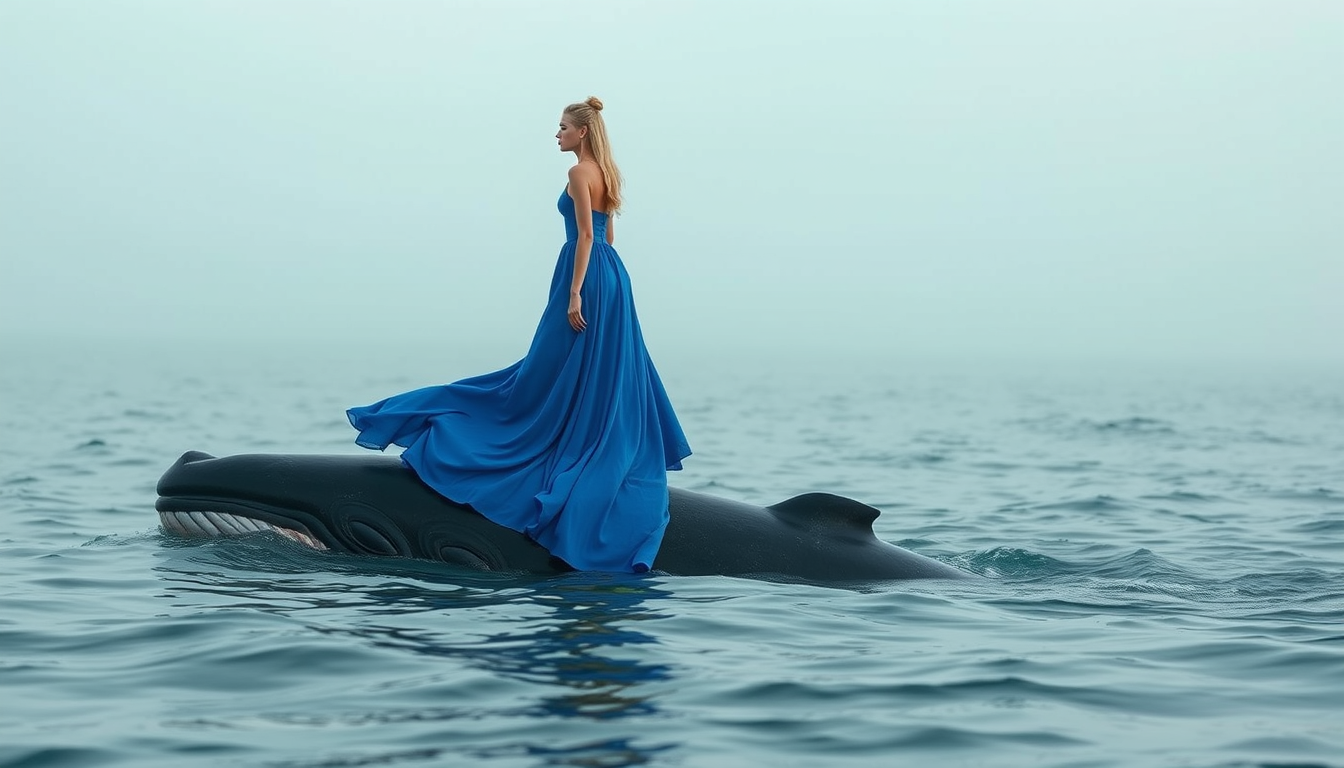 Fashion photography, a young blonde woman in a blue long dress floating on the sea, standing on the back of a whale, early morning, fog. - Image