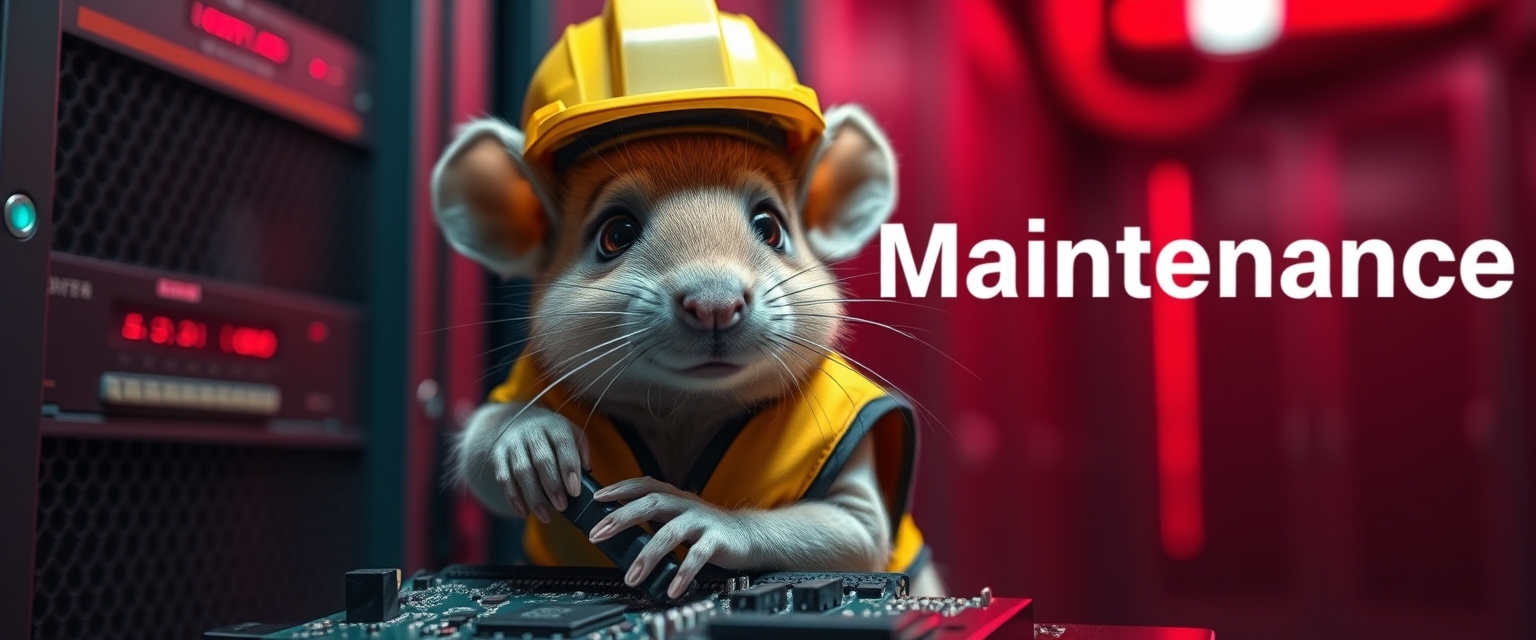 A small mouse with a hard hat and high visibility vest is repairing a circuit board. The mouse has a serious look in his eyes. The background shows a server room with only red emergency lighting and red ambient lighting. There is text in the background saying "Maintenance." - Image