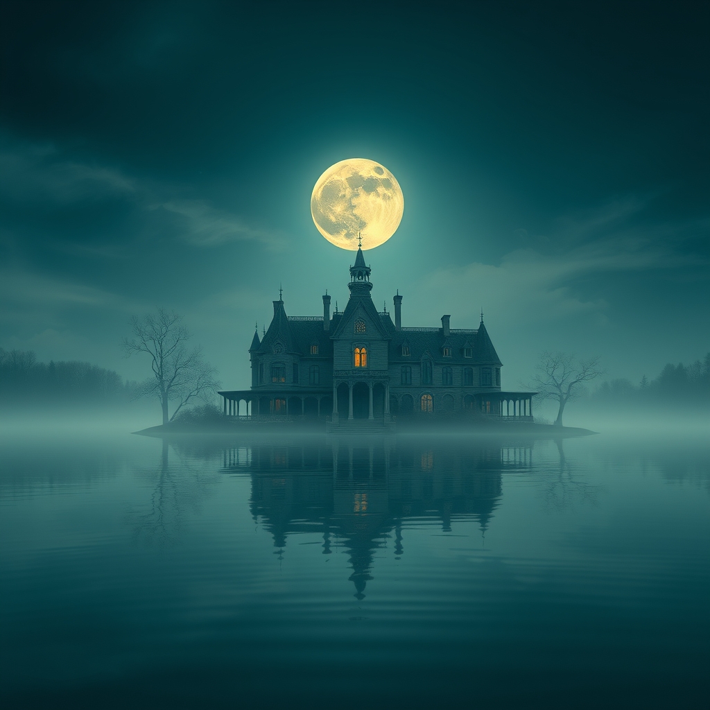 An ethereal mansion on the surface of a lake, under a foreboding full moon. - Image