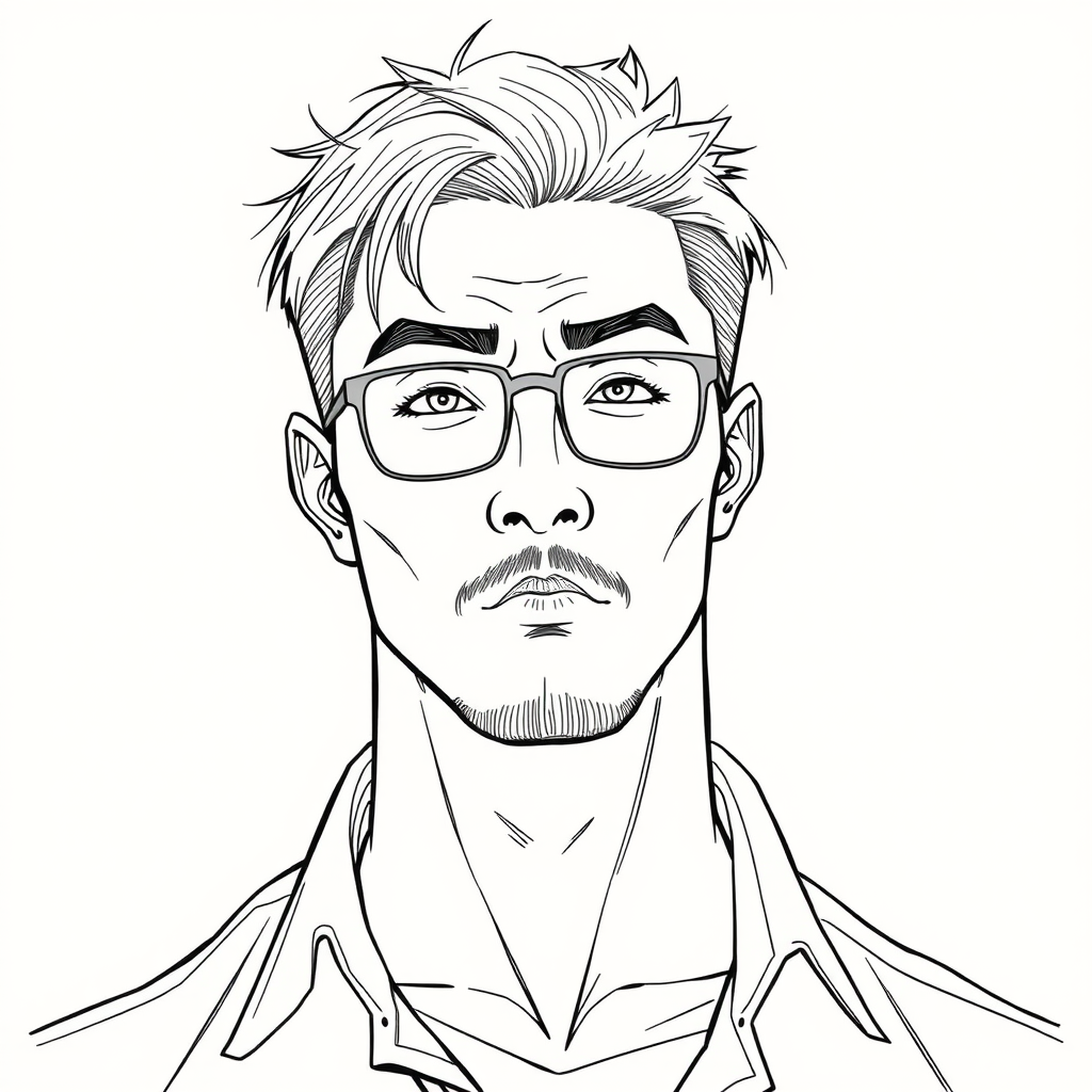 A cool line drawing of a man around 35 years old, with short hair, a muscular build, Chinese, wearing framed glasses, a slightly short beard on his chin, dressed in a shirt, with a bit of a rogue vibe, and a face that is well-defined and full. - Image