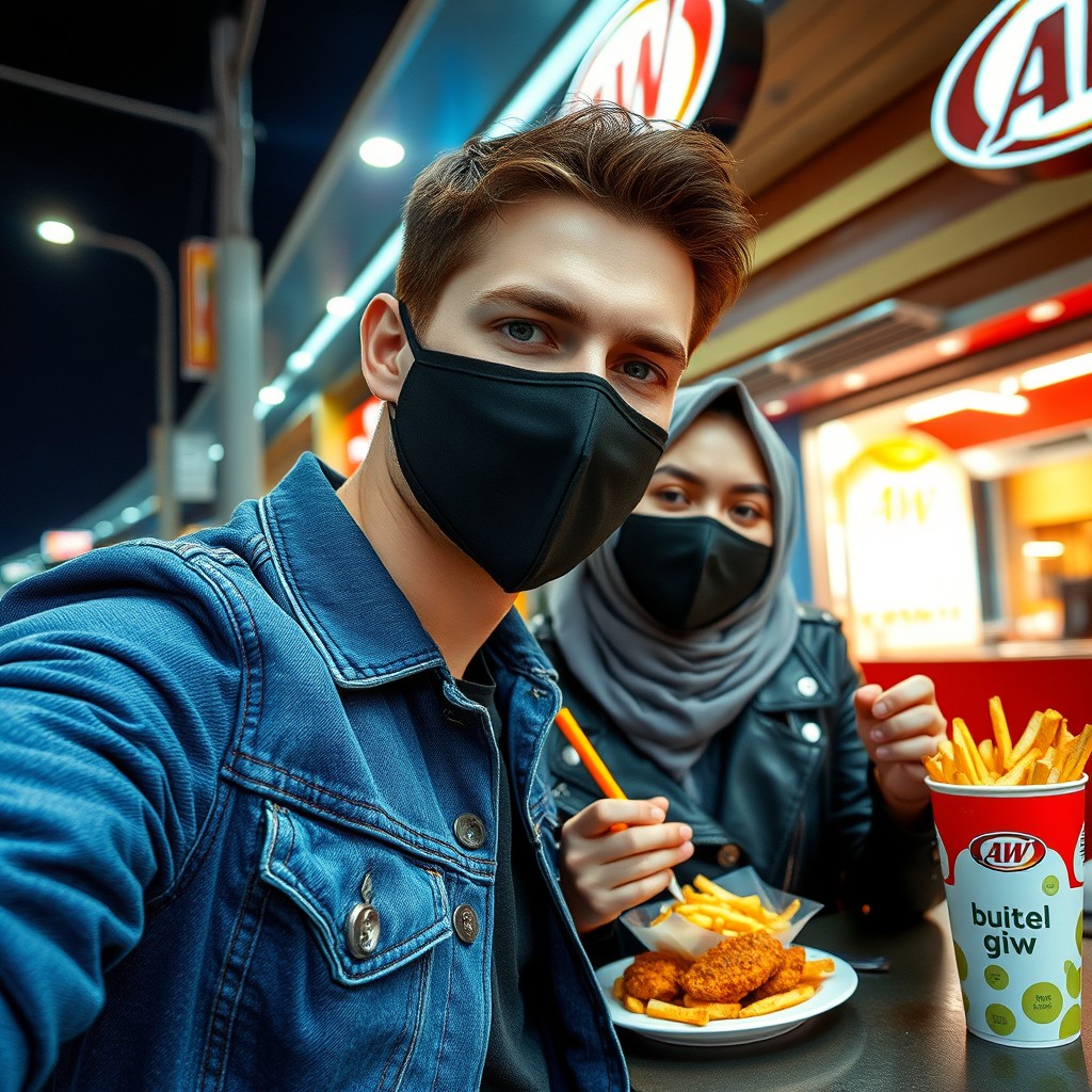 Jamie Dornan's head and body shot, handsome, young, black face mask, blue jeans jacket, jeans, dating love with a Muslim girl in a grey hijab, beautiful eyes, black face mask, black leather jacket, biggest floral skirt, at an A&W fast food restaurant, plate of Korean fried chicken, 2 cups of fries, A&W soft drink, photorealistic, hyper-realistic, street photography, selfie. - Image