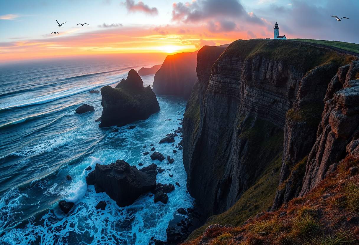 Awe-inspiring, rugged coastline, rocky cliffs, crashing waves, high quality, photorealistic, dramatic, wild, seagulls, stormy, panoramic, breathtaking::1.2 tide pools, sea stacks, hidden caves, coastal hiking trails, lighthouse, mist, vibrant sunset