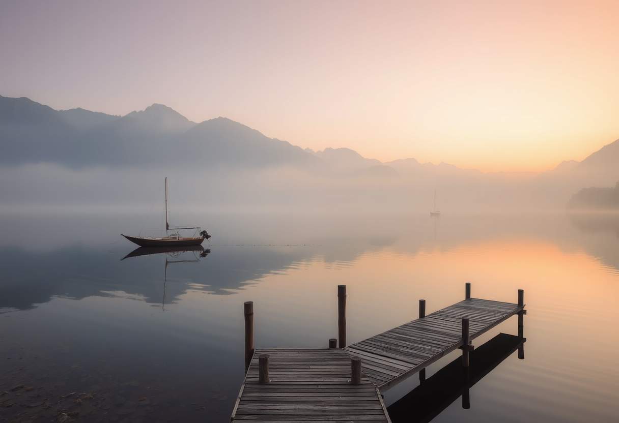 Tranquil, misty lake, surrounded by mountains, serene, high quality, photorealistic, reflection, peaceful, morning fog, autumn colors, wooden pier, fishing boats, sunrise, sunset, misty mountains. - Image